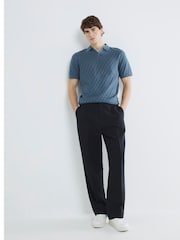 River Island Blue Short Sleeve Textured Open Collar 100% Cotton Polo Shirt - Image 2 of 4