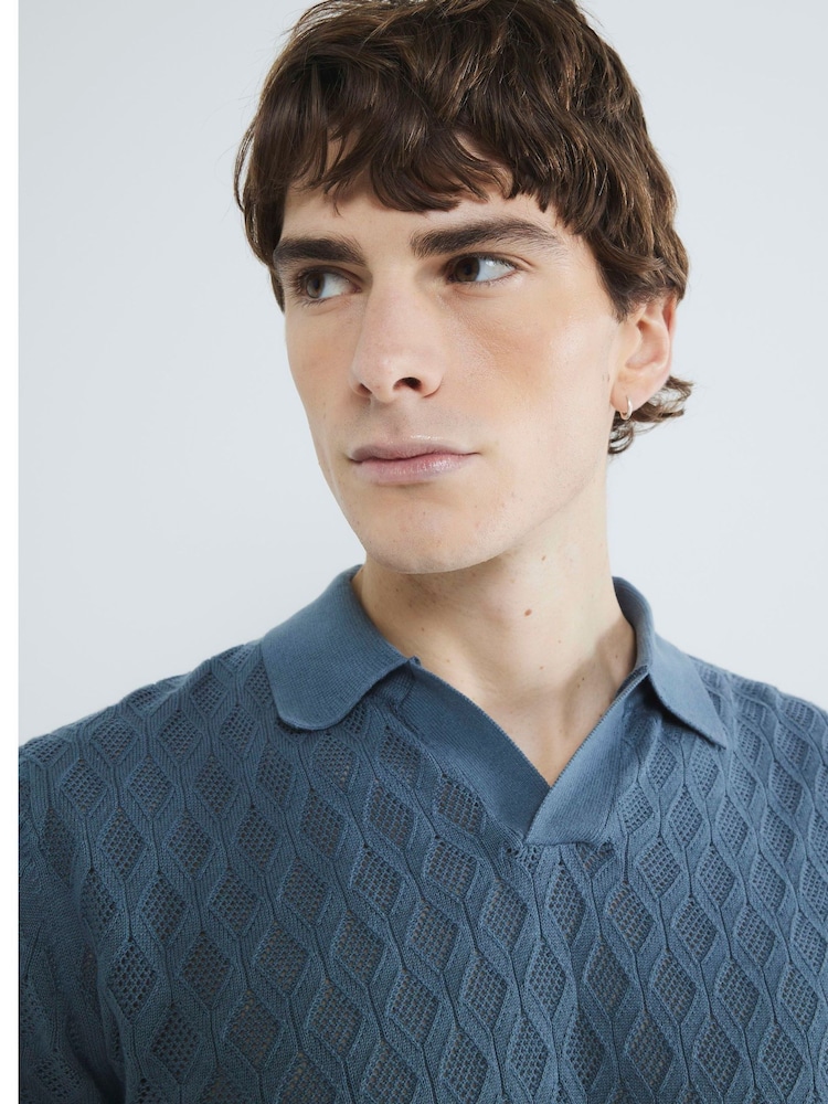 River Island Blue Short Sleeve Textured Open Collar 100% Cotton Polo Shirt - Image 3 of 4
