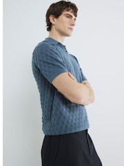 River Island Blue Short Sleeve Textured Open Collar 100% Cotton Polo Shirt - Image 4 of 4