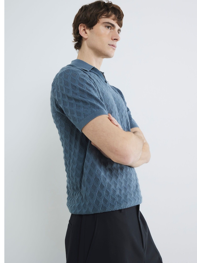 River Island Blue Short Sleeve Textured Open Collar 100% Cotton Polo Shirt - Image 4 of 4