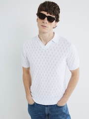 River Island White Short Sleeve Textured Open Collar 100% Cotton Polo Shirt - Image 1 of 4