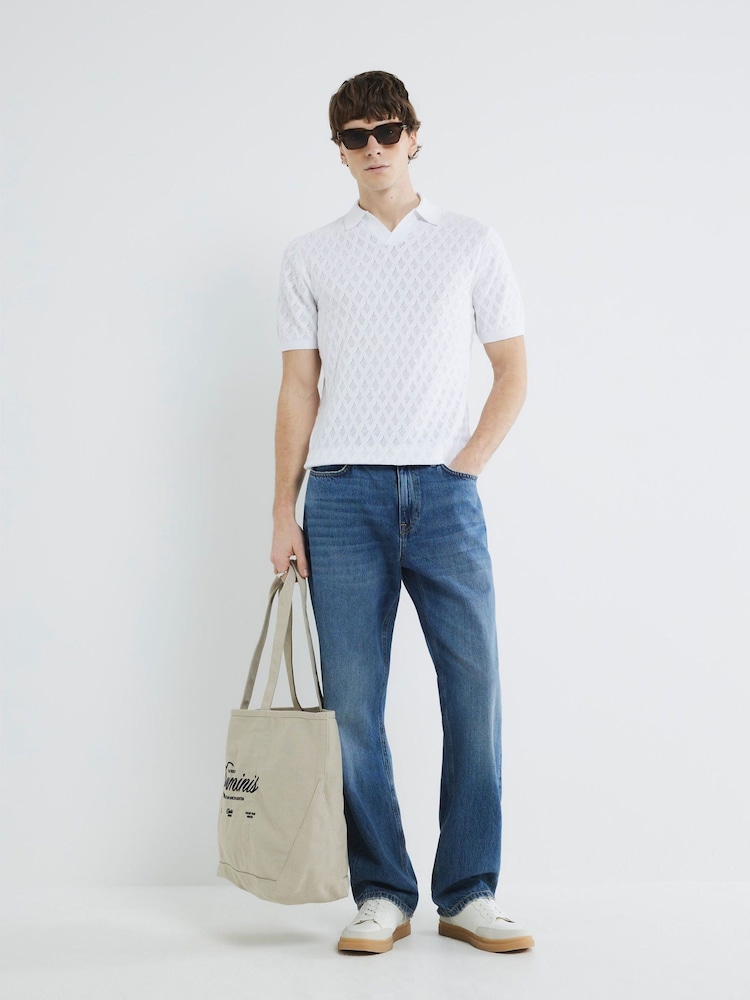 River Island White Short Sleeve Textured Open Collar 100% Cotton Polo Shirt - Image 2 of 4