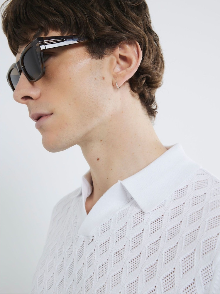 River Island White Short Sleeve Textured Open Collar 100% Cotton Polo Shirt - Image 3 of 4