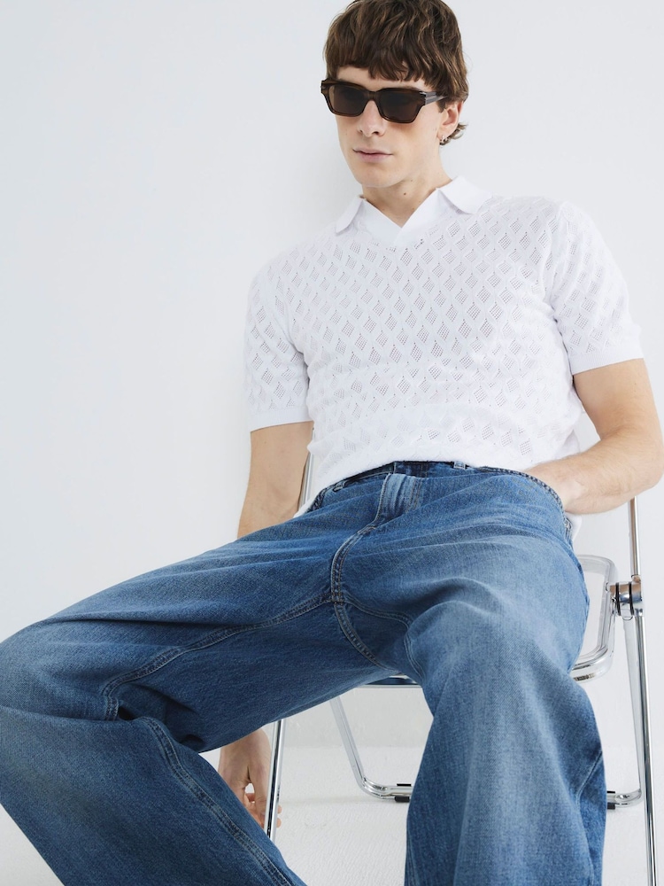 River Island White Short Sleeve Textured Open Collar 100% Cotton Polo Shirt - Image 4 of 4
