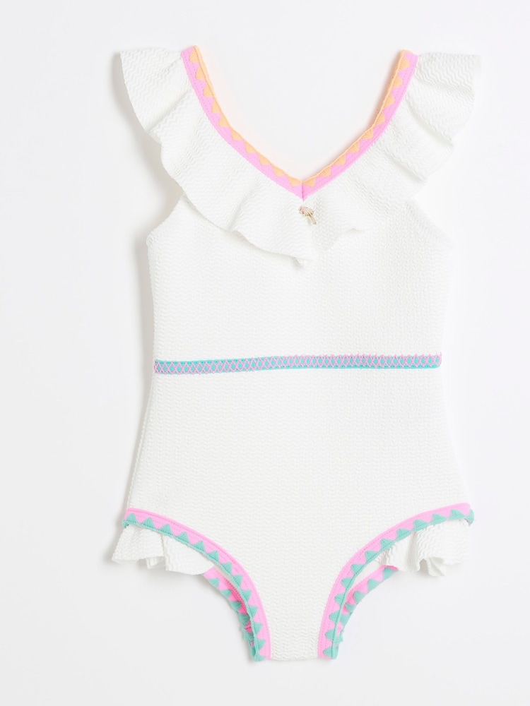 River Island White Girls Frilled Whipstitch Swimsuit - Image 1 of 4