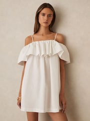 Reiss Ivory Cream Lucia Cotton Off Shoulder Mini Dress - Image 1 of 5