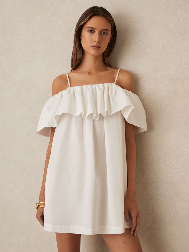 Reiss Ivory Cream Lucia Cotton Off Shoulder Mini Dress - Image 1 of 5