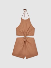 Reiss Brown Bay Linen Halterneck Cut Out Playsuit - Image 2 of 6