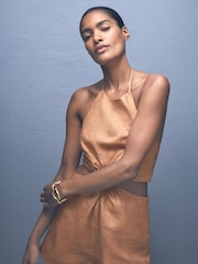 Reiss Brown Bay Linen Halterneck Cut Out Playsuit - Image 3 of 6