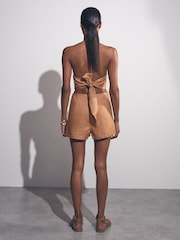 Reiss Brown Bay Linen Halterneck Cut Out Playsuit - Image 4 of 6