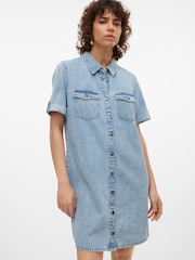 VERO MODA Blue Short Sleeve Button Down Denim Dress - Image 2 of 5
