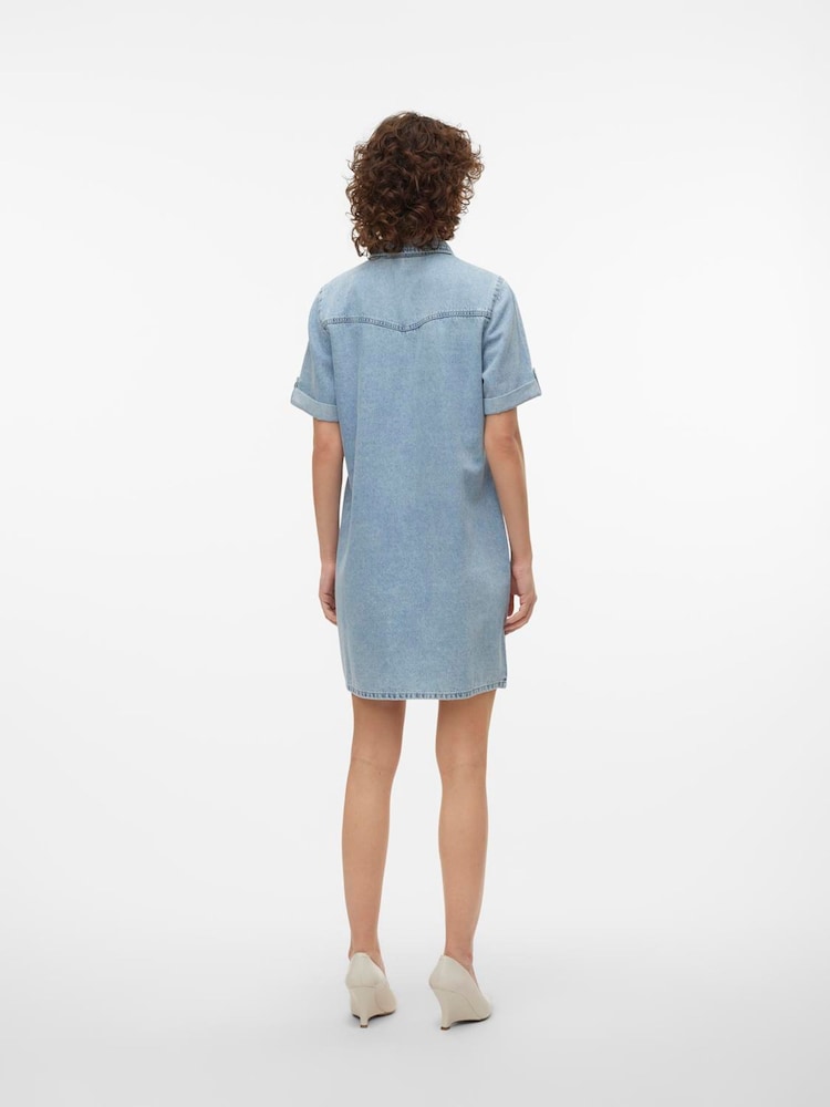 VERO MODA Blue Chrome Short Sleeve Button Down Denim Dress - Image 3 of 5