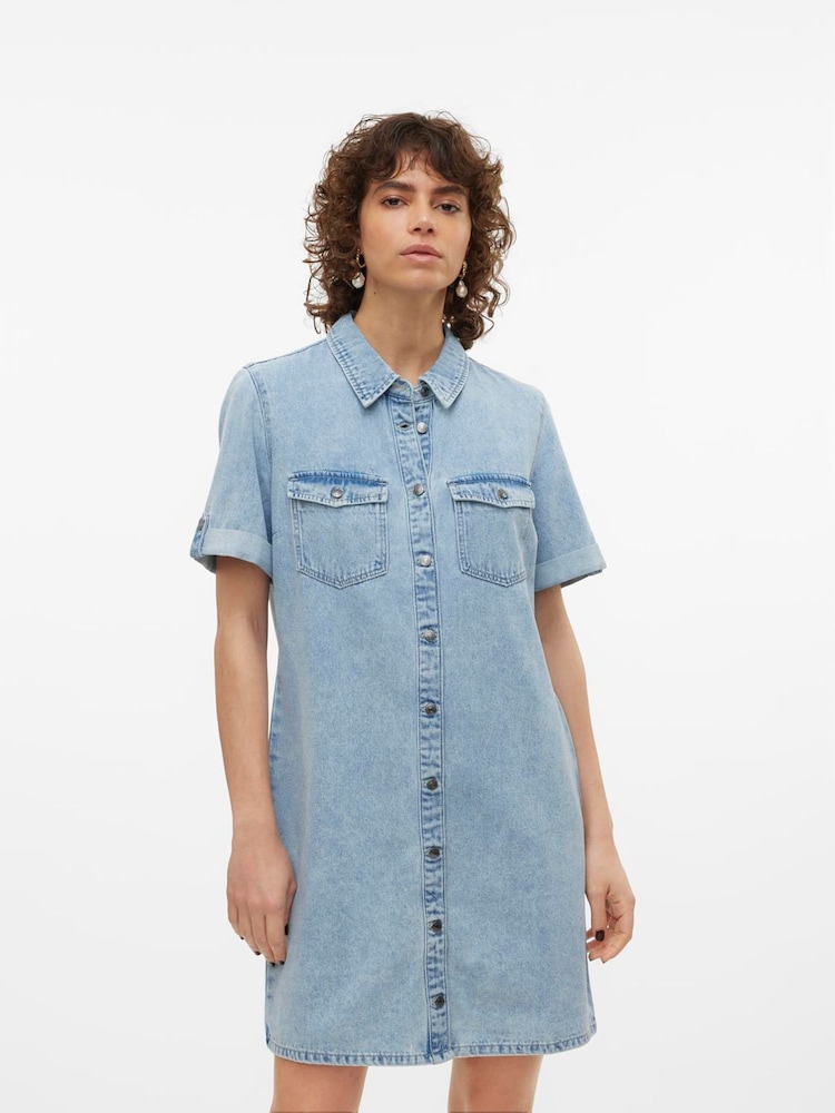 VERO MODA Blue Chrome Short Sleeve Button Down Denim Dress - Image 4 of 5
