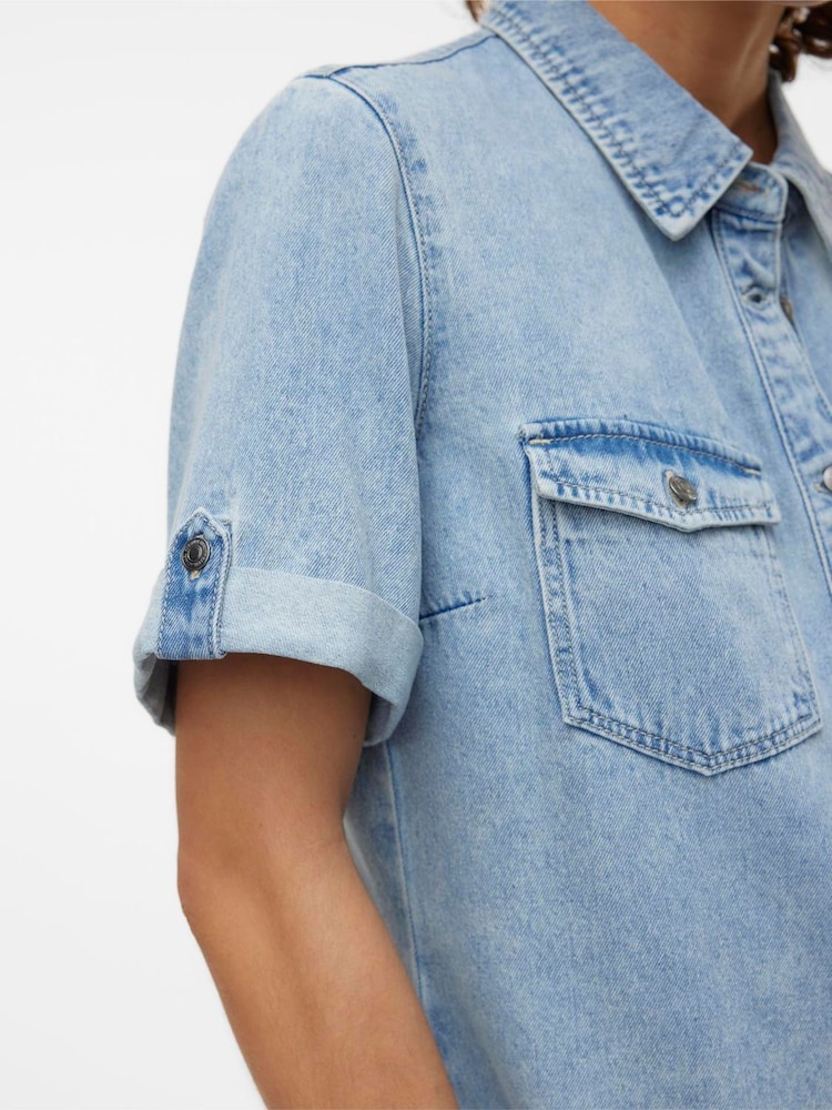 VERO MODA Blue Short Sleeve Button Down Denim Dress - Image 5 of 5