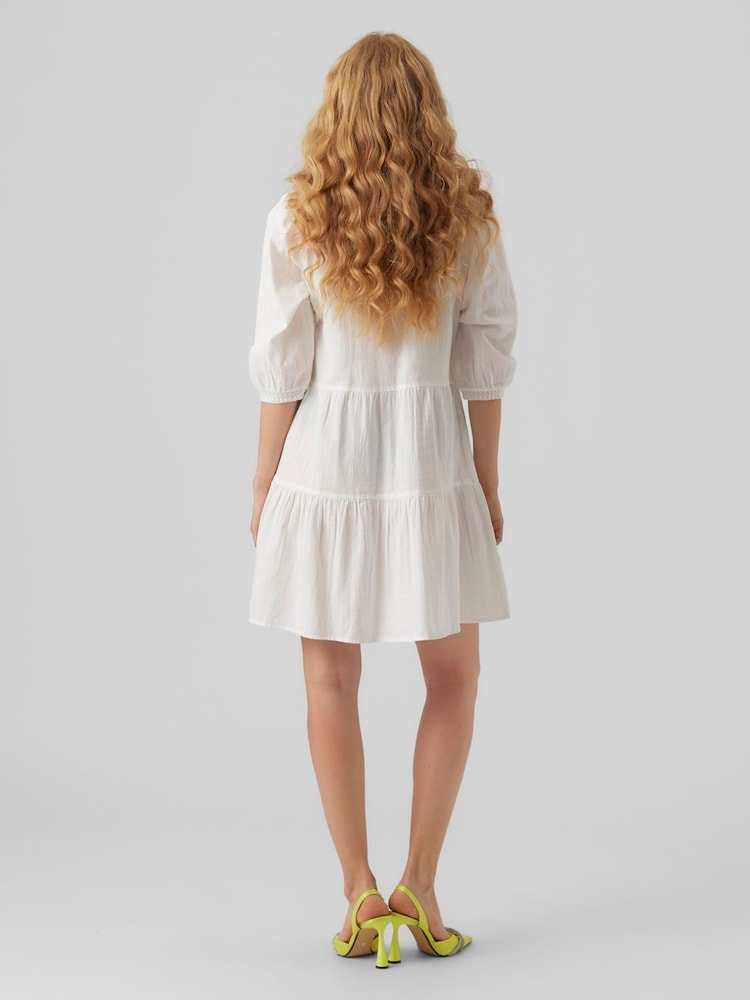 VERO MODA White 3/4 Puff Sleeve Smock Short Dress - Image 2 of 4