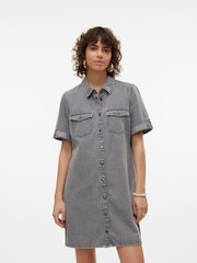 VERO MODA Grey Short Sleeve Button Down Denim Dress - Image 1 of 4