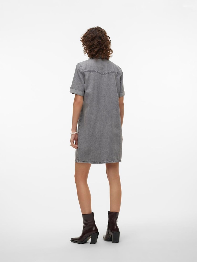 VERO MODA Grey Short Sleeve Button Down Denim Dress - Image 3 of 4