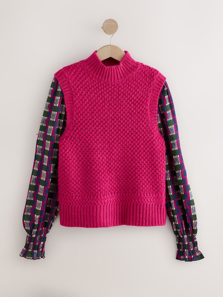 Bright Pink Layer Look Knitted Tank With Wool - Image 1 of 3
