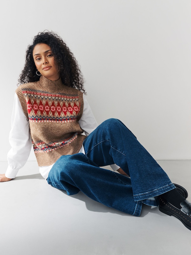 Camel Brown Fairisle Pattern Layer Look High Neck Knitted Tank - Image 2 of 7