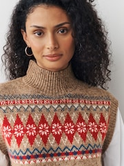 Camel Brown Fairisle Pattern Layer Look High Neck Knitted Tank - Image 4 of 7