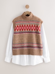 Camel Brown Fairisle Pattern Layer Look High Neck Knitted Tank - Image 5 of 7