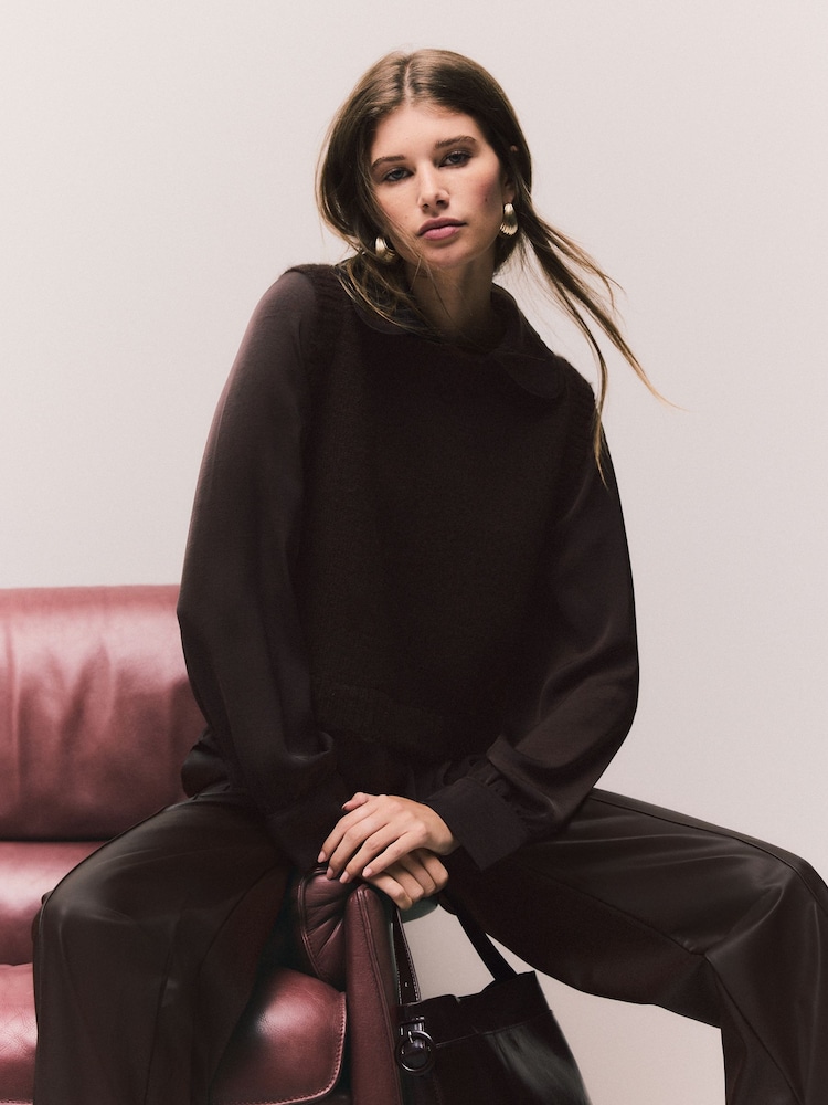 Chocolate Brown Satin Shirt Layer Knitted Tank - Image 1 of 6