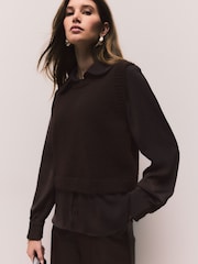 Chocolate Brown Satin Shirt Layer Knitted Tank - Image 3 of 6