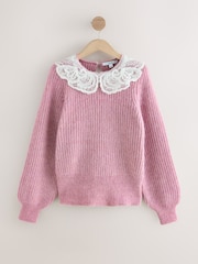 Rosa blush - Suéter com gola de renda e lantejoulas - Imagem 6 de 9