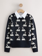Navy Blue/White Swan Collar Layer Printed Jumper With Wool - Image 1 of 3