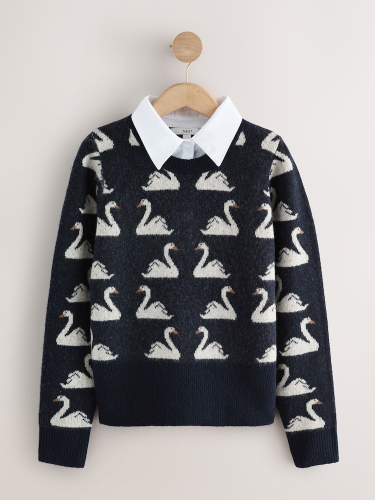 Navy Blue/White Swan Collar Layer Printed Jumper With Wool - Image 1 of 3