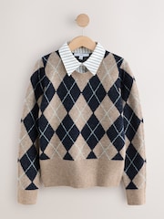 Beige/Navy Blue Argyle Collar Layer Printed Jumper With Wool - Image 1 of 3