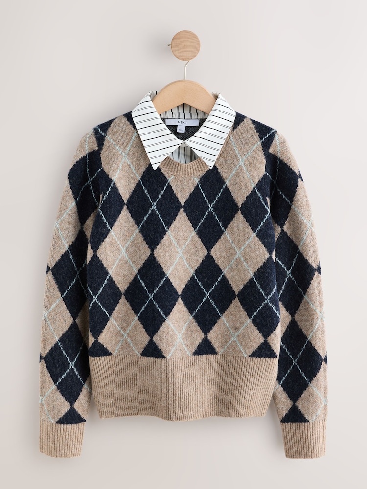 Beige/Navy Blue Argyle Collar Layer Printed Jumper With Wool - Image 1 of 3