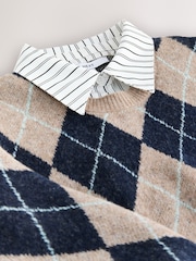 Beige/Navy Blue Argyle Collar Layer Printed Jumper With Wool - Image 2 of 3