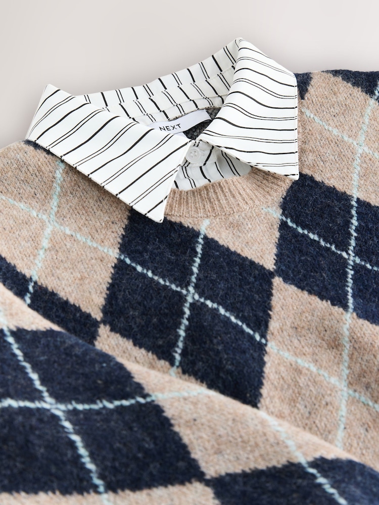 Beige/Navy Blue Argyle Collar Layer Printed Jumper With Wool - Image 2 of 3