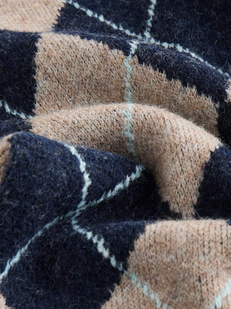 Beige/Navy Blue Argyle Collar Layer Printed Jumper With Wool - Image 3 of 3
