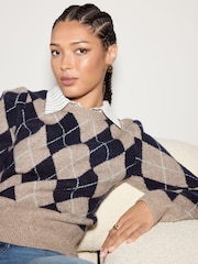 بيج / أزرق كحلي أرجيل - Collar Layer Jumper With Wool - صورة 4 من 8