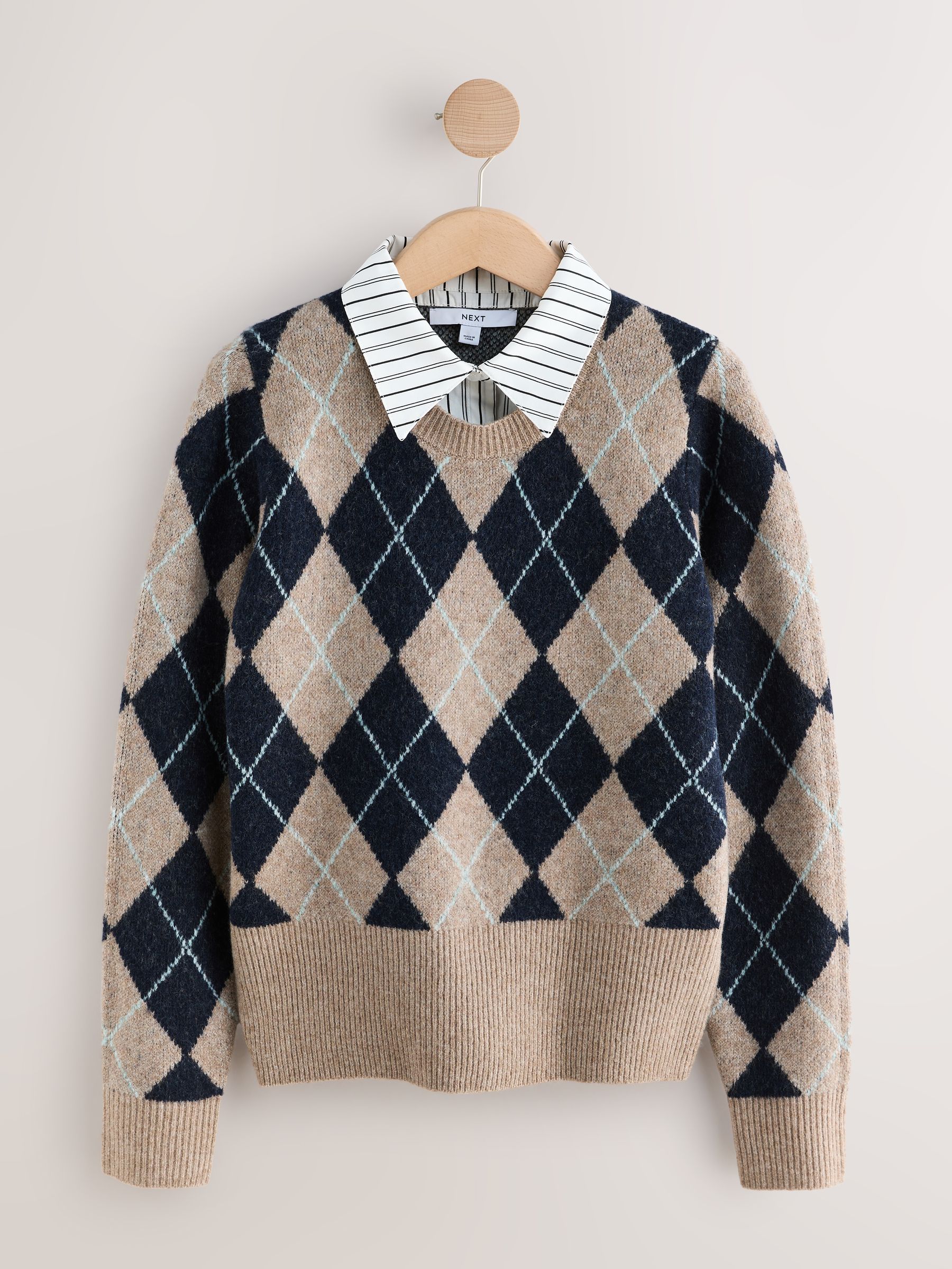 Buy Beige/Navy Blue Argyle Collar Layer Jumper With Wool from Next USA