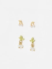 Oliver Bonas Green Flor Tiny Cherry and Flower Stud Earrings Set 4 - Image 1 of 5