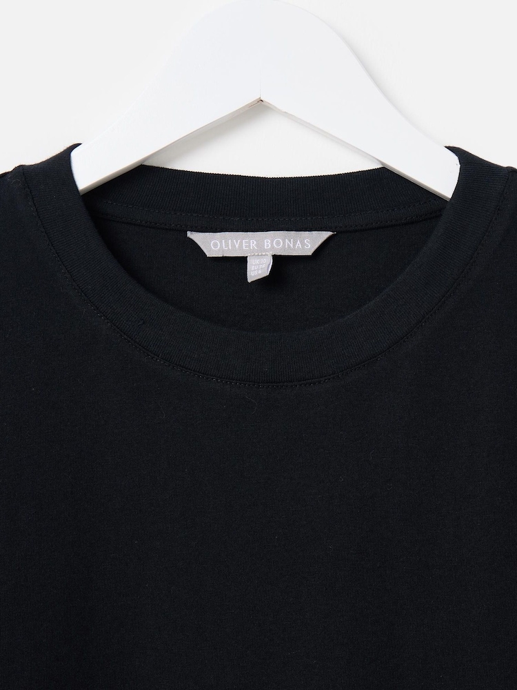 Oliver Bonas Black Broderie Sleeve 100% Cotton T-Shirt - Image 3 of 5
