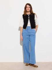 Oliver Bonas Blue Chambray Basque Wide Leg Regular Trousers - Image 1 of 7