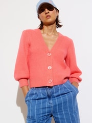Oliver Bonas Pink Puff Sleeve Sparkle Knitted Cardigan - Image 1 of 8