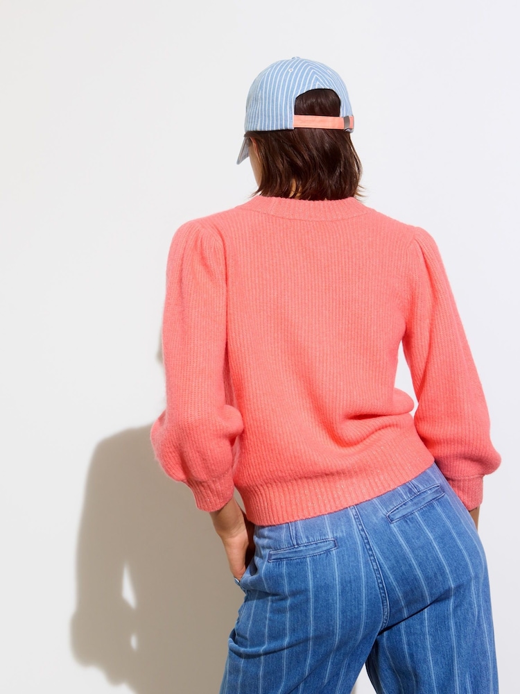 Oliver Bonas Pink Puff Sleeve Sparkle Knitted Cardigan - Image 2 of 8
