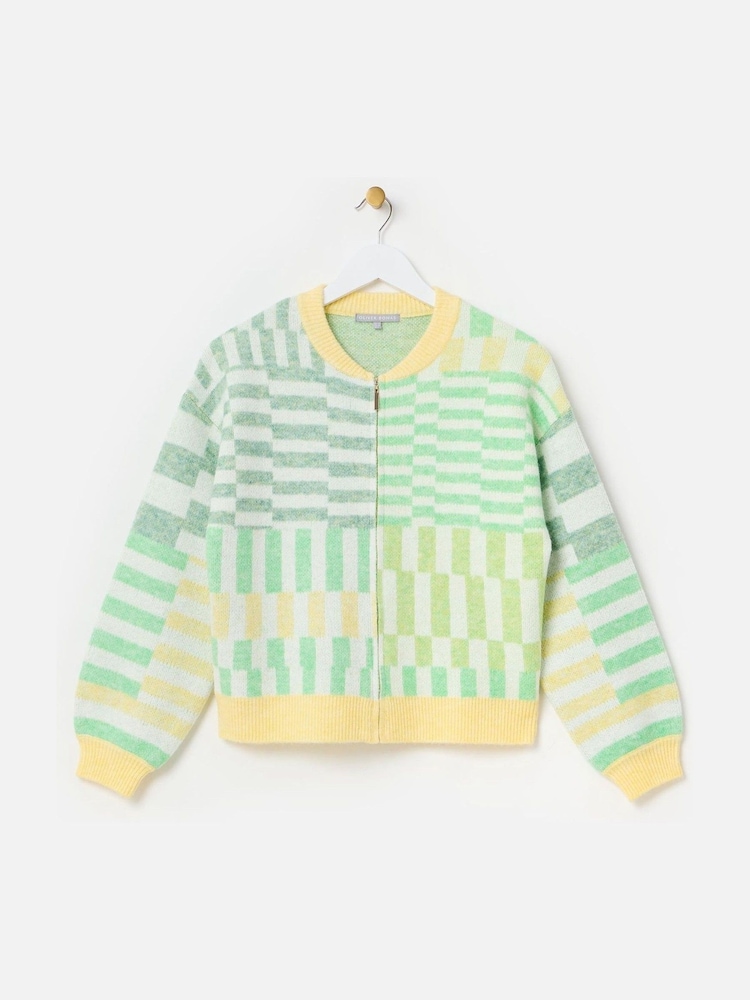 Oliver Bonas Green Geometric Knitted Bomber Jacket - Image 1 of 5