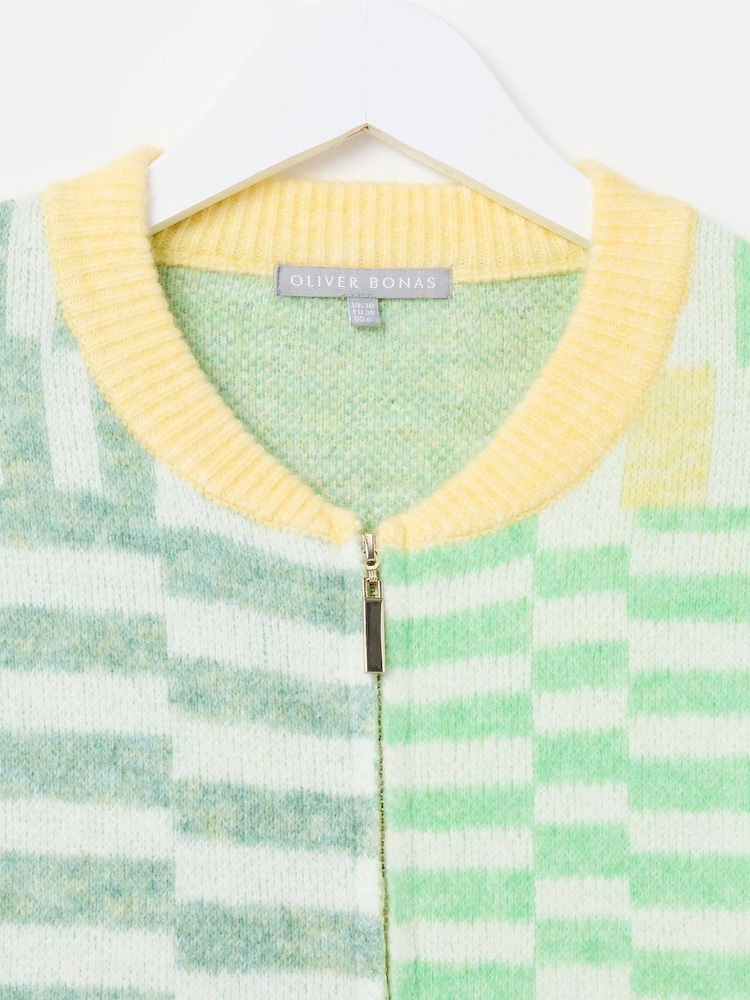 Oliver Bonas Green Geometric Knitted Bomber Jacket - Image 3 of 5