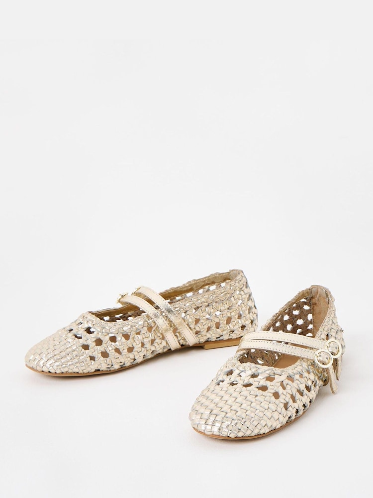 Oliver Bonas Gold Mary Jane Double Buckle Metallic Woven Leather Shoes - Image 1 of 6