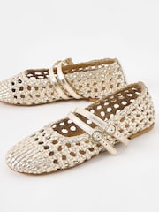 Oliver Bonas Gold Mary Jane Double Buckle Metallic Woven Leather Shoes - Image 3 of 6