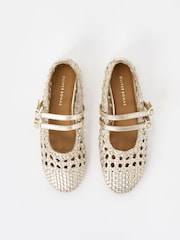 Oliver Bonas Gold Mary Jane Double Buckle Metallic Woven Leather Shoes - Image 4 of 6