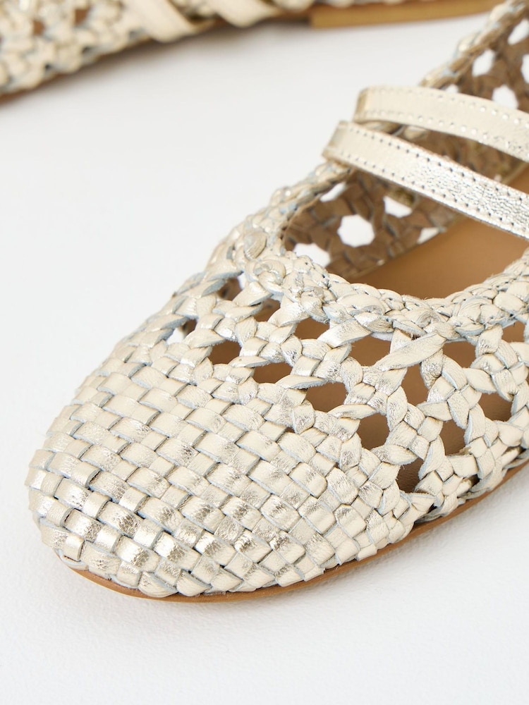 Oliver Bonas Gold Mary Jane Double Buckle Metallic Woven Leather Shoes - Image 6 of 6