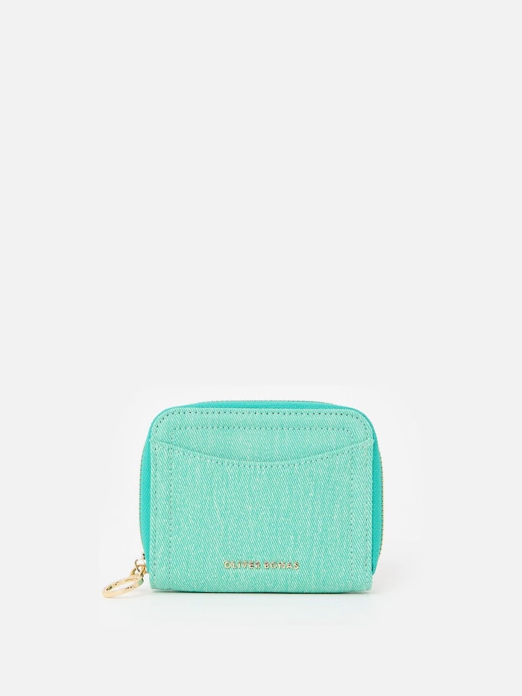 Oliver Bonas Green Lola Denim Zip Around Purse - Image 1 of 5