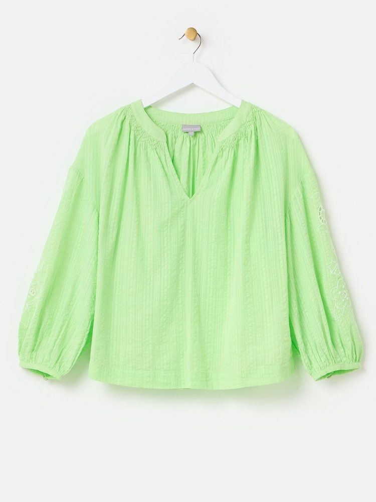 Oliver Bonas Green Embroidered Floral Sleeve 100% Cotton Blouse - Image 1 of 5